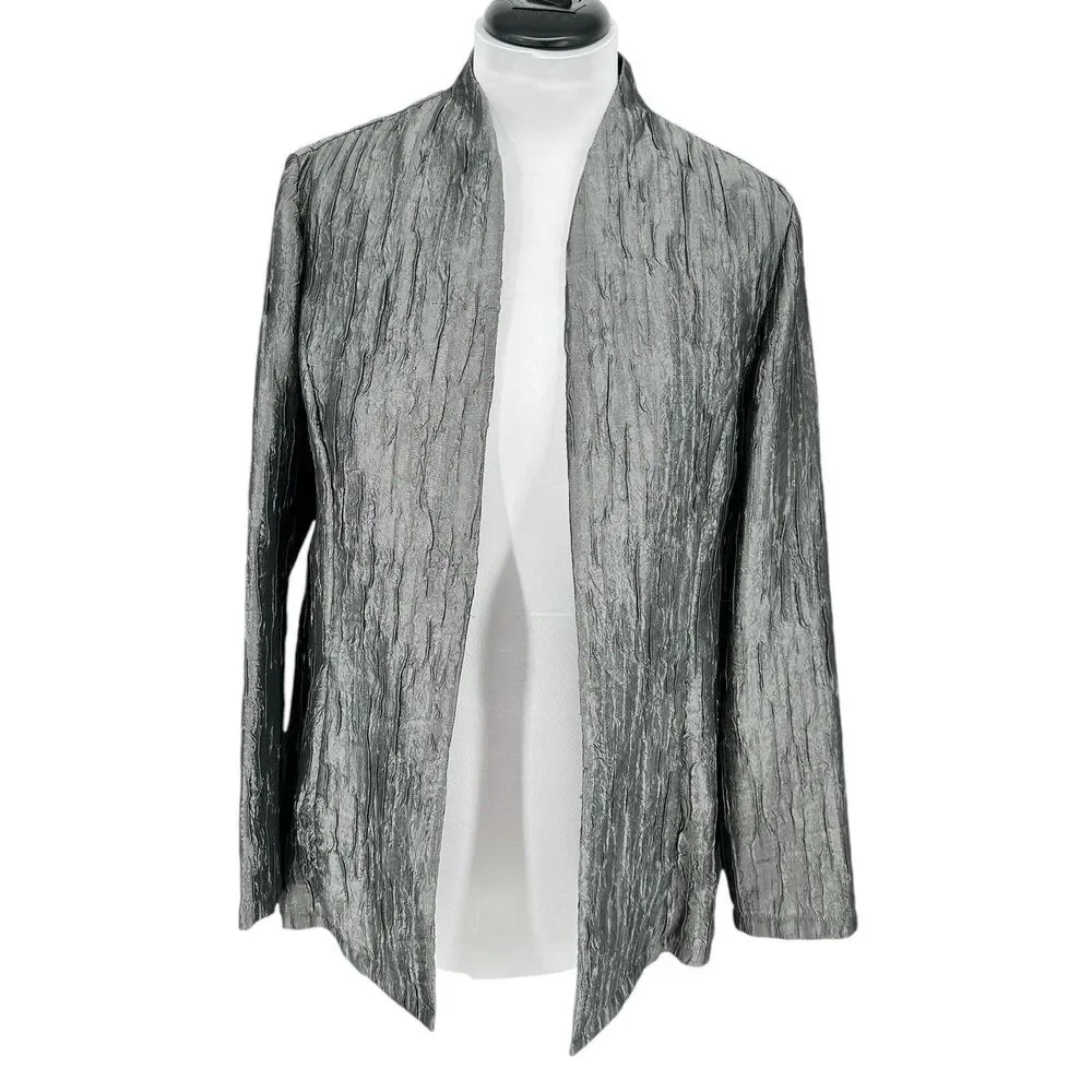 Coldwater‎ Creek SZ M Crinkled Metallic Open Front Jacket Blazer Textured Gray